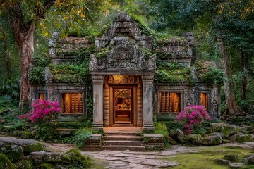 Ancient temple ruins covered in lush greenery and moss in a dense jungle landscape