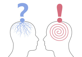 Doubting man and man with idea. Smart male character with question mark rooted in head. Memory and solution, searching and thinking concept. Unsatisfied serious worrying human. Person with solution