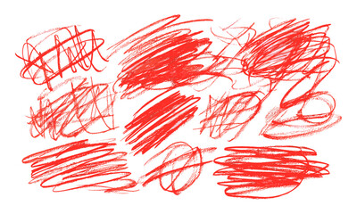 Grunge scribble set, red marker isolated on white, scrawl line hatching, vector illustration, hand drawn sketch, artistic scribbles, abstract line art, doodle pattern, textured design.