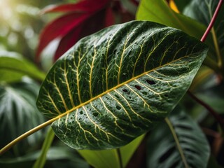 Leaf unfurls, revealing intricate veins that crisscross its surface. Sunlight filters through, casting shadows on textured green canvas.