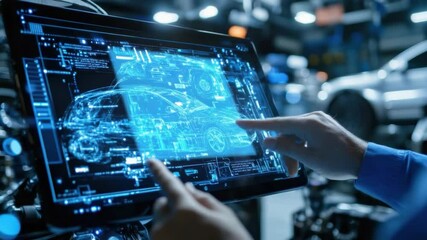 Automotive Design Visualization: An engineer's hand interacts with a digital interface, displaying an intricate blueprint of a car, symbolizing technological innovation in automotive design. - Powered by Adobe