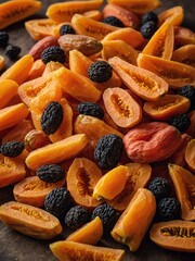 Image showcases variety of dried fruits scattered across surface, with focus on their textures, colors. Assortment includes apricots, raisins, dates.