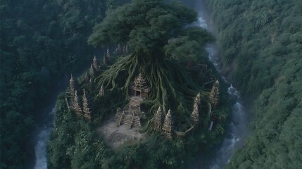 Ancient temple ruins nestled within lush jungle landscape with cascading waterfalls