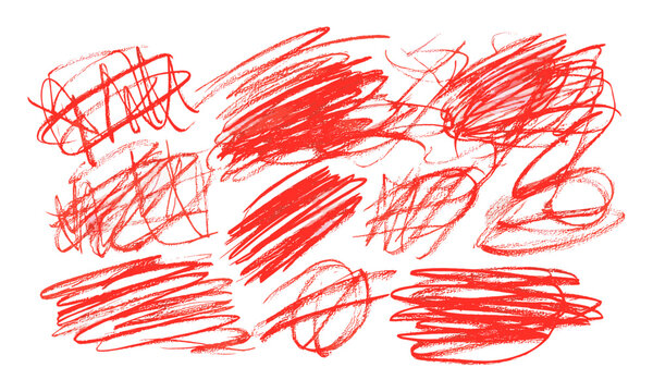 Grunge scribble set, red marker isolated on white, scrawl line hatching, vector illustration, hand drawn sketch, artistic scribbles, abstract line art, doodle pattern, textured design.
