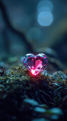 Glowing heart shaped gem resting on moss in mystical forest setting, radiating beauty and wonder