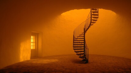 Architectural marvel spiral staircase inside a circular room with a sunlit window view