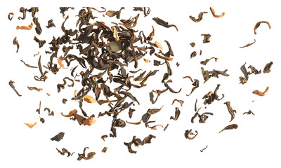 Heap Darjeeling Tea dried leaves isolated on white background, top view, vector illustration, fresh organic tea leaves, premium Darjeeling tea, loose leaf tea.