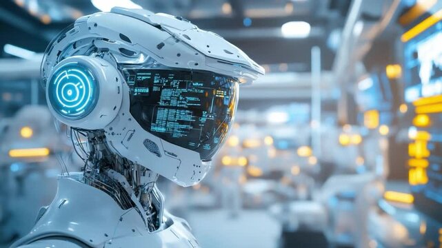 Advanced Robotic Head: Close-up view of a futuristic robotic head with a transparent visor displaying digital information, set against the backdrop of a high-tech industrial facility.