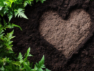 Heart shaped patch of soil surrounded by lush green ferns creates serene and inviting atmosphere