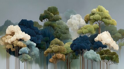 Artistic forest illustration featuring colorful trees with unique leaf patterns and textures
