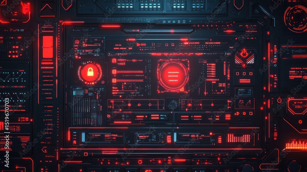 Poster futuristic interface design with red and black color scheme elements