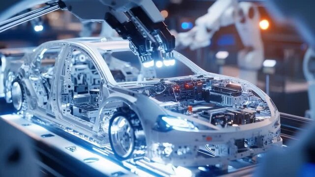 Automated Car Assembly: A robotic arm meticulously assembles a transparent model of a car chassis, showcasing the intricate details of automotive manufacturing.