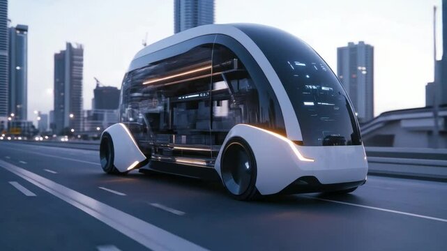 Urban Mobility: A futuristic self-driving electric shuttle cruises through a modern cityscape, symbolizing the future of transport with its sleek design.