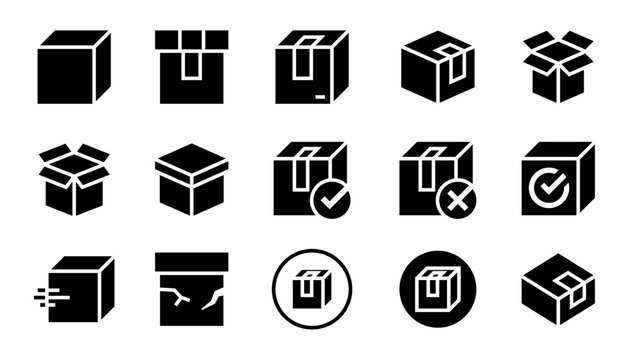 Conjunto de iconos de cajas de cart&oacute;n. Log&iacute;stica, almacenamiento, embalaje, entrega r&aacute;pida, caja abierta, caja da&ntilde;ada. Ilustraci&oacute;n vectorial