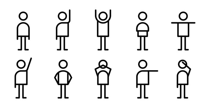 Conjunto de iconos de persona. Posturas expresivas, saludo, celebraci&oacute;n, actitud, reflexi&oacute;n, preocupaci&oacute;n, sorpresa, confianza. Ilustraci&oacute;n vectorial