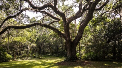 Fototapeta premium Majestic Tree with Green Canopy in Sunlit Setting Against Verdant Background of Overgrown Deciduous Woods