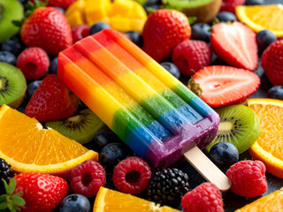 Colorful rainbow popsicle with layers of fruit in vibrant shades resembles the colors of the LGBT+ flag.  Best for Pride Month card.  