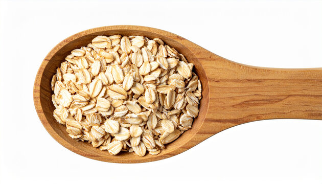 Wooden spoon with wholesome rolled oats. Organic food. Natural product. Close-up. - Powered by Adobe