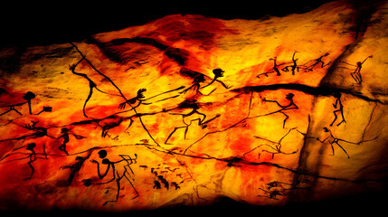 Ancient Cave Art Depicting Hunting Scenes and Human Activity