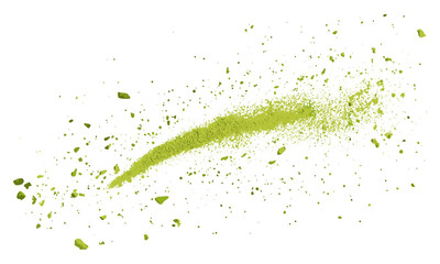 Matcha bright green powder flying, isolated on white background, clipping path, vector illustration, Japanese green tea powder, matcha tea, healthy lifestyle, organic powder, wellness, vibrant green.
