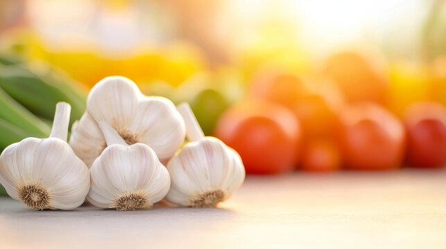 Close up of fresh garlic bulbs with blurred vegetables in background.  Healthy food, cooking, and natural ingredients concept.