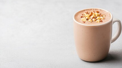 Delicious hazelnut chocolate drink in a white mug. Perfect for a cozy autumn or winter day.