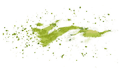 Isolated matcha bright green powder flying, white background, vector illustration, organic matcha tea, powdered green tea, healthy food, antioxidant, green powder, tea preparation.