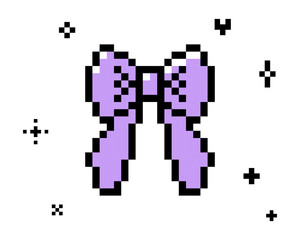 Y2k inspired purple bow knot with long tails pixel art style icon. Vintage retro sticker. Coquette bow emoji. Cute festive badge. Game abstract isolated vector element. 8 bit modern geometric shape