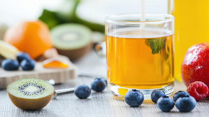 Fresh fruit juice with blueberries, kiwi, and orange creates vibrant and healthy drink. Enjoy refreshing taste