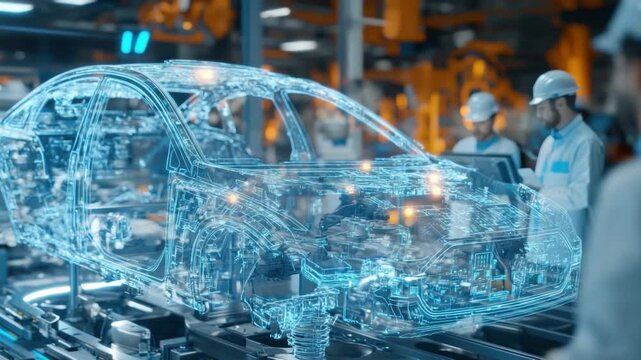 Smart Car Manufacturing: Futuristic digital overlay of a car chassis during assembly in a modern automotive factory, highlighting technological advancements in manufacturing. - Powered by Adobe
