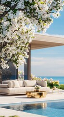Obraz premium Outdoor patio with modern furniture, flowering tree, and pool