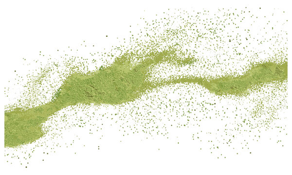 Matcha green powder flying, isolated on white background, vector illustration, organic matcha powder, healthy powder, Japanese matcha, green tea powder, natural ingredient.