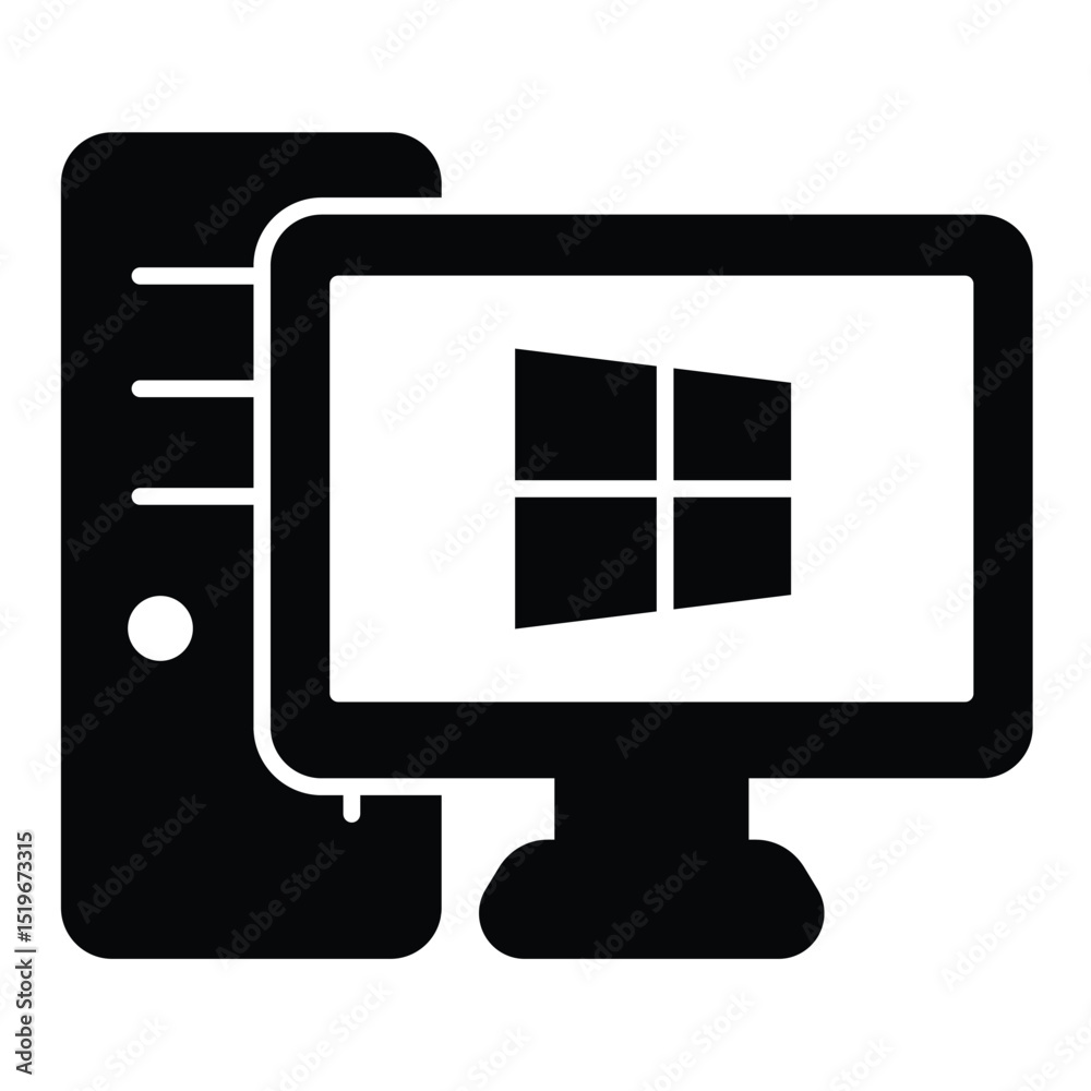 Fototapete personal computer with windows solid icon, windows pack concept. vector graphics. monitor and system