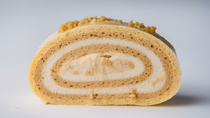 Fototapeta premium A sweet slice of sponge roll cake in close-up view, clean and minimal – sponge roll wallpaper – bakery wallpaper – sponge roll image