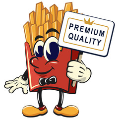 funny french fries cartoon mascot with a sign that says premium quality, fast food vector character isolated on white, work of hand drawn