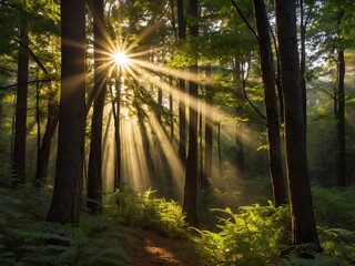 Naklejka premium Golden sun rays piercing through dense tree canopy in a forest