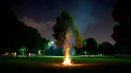 Majestic Nighttime Bonfire Surrounded by Lush Greenery and Trees