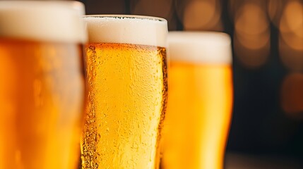 Three Glasses of Cold Beer on a Bar
