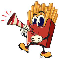 funny french fries cartoon mascot blow the party horn trumpet, fast food vector character isolated on white, work of hand drawn © mickyRAWjecky