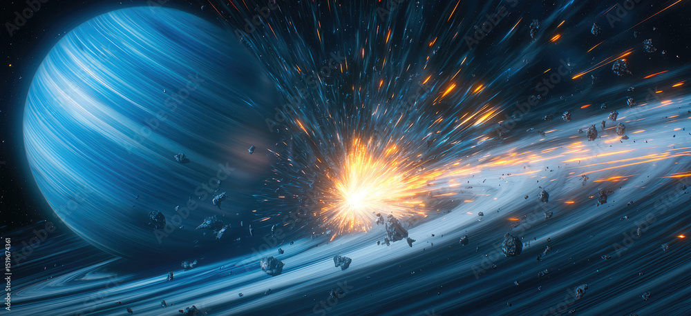 Aufkleber side view of distant blue planet with asteroid belt and bright explosion, dynamic cosmic scene