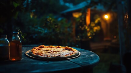 Enjoying a take away pizza in the garden at night
