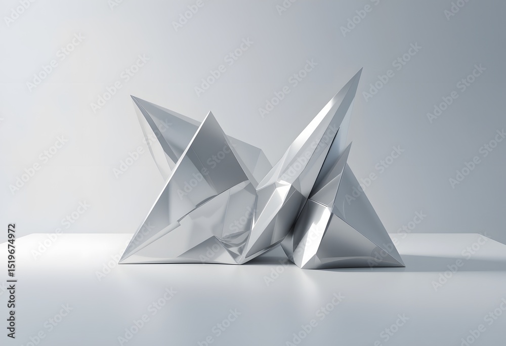 Poster Abstract Geometry. Metallic Reflections On Angled Surfaces. Shapes In White Space. Simple Design With Soft Light Highlights, Perfect For Modern Concepts.
