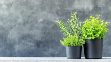 Urban gardening items in black pots with fresh herbs like rosemary and oregano, adding touch of nature to modern spaces