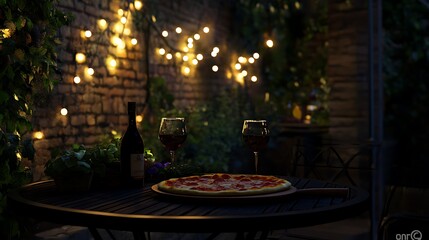 Enjoying a take away pizza in the garden at night