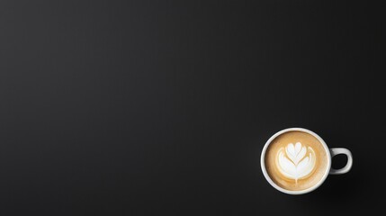 Top view of a cup of latte art coffee on a black background. Minimalist coffee concept.