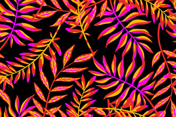 Exotic colorful plant leaves seamless pattern on black background  © Midmueang