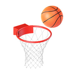 Close-up of a basketball on the edge of a hoop, transparent background