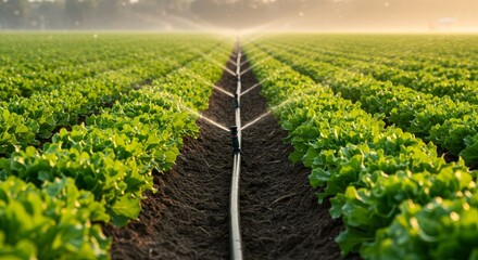 Green Lettuce in Agricultural Field, Sunrise Environment, Aerial View, Farming Concept