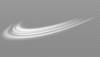 White glowing shiny lines effect. Set of glowing ellipses in speed shape. Imitation of the exit of cold air. Light trail wave, fire path trace line and incandescence curve twirl.