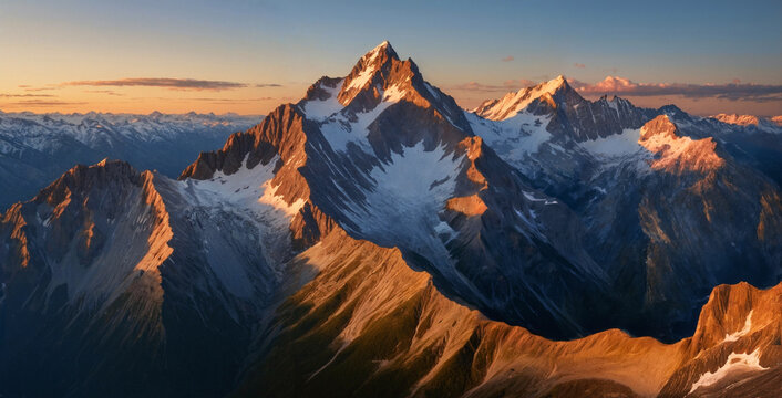 Magnificent snow-capped mountain range against the sunset sky. Concept of nature, environmental protection, ecology, travel, trails, tourism and mountain climbing